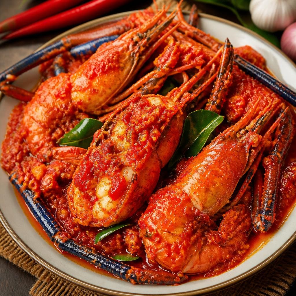 Udang Galah Balado Te Sate dengan bumbu balado pedas gurih
